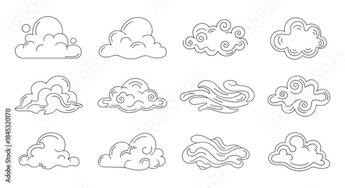 Line art collection of twelve cloud doodles in different shapes and contours suitable for weather icons logos and decorative graphic design.