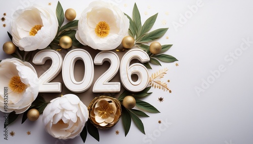 Top view of 2026 white 3D numbers with white peony flowers and golden decorations on white background