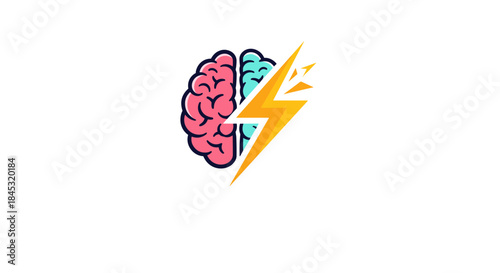 Vibrant brain illustration split by a bold lightning bolt representing fast thinking and creative energy in a dynamic icon for idea generation.