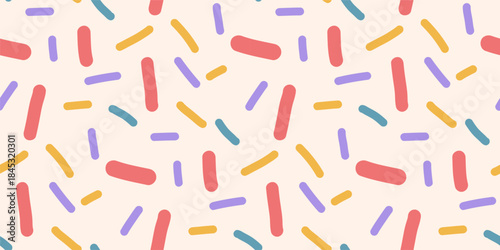 Sprinkles multi color seamless pattern. Small dash funky random sprinkles background. Simple birthday confetti wallpaper. Vector surface design. Fun party repeat illustration print design.