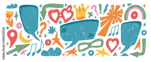 Crayon funky doodles elements set with handmade charm. Speech bubbles with sun, crown, hearts fit kid or testimonial themes. Callouts text boxes. Vector naive scribbles illustration isolated no bg.