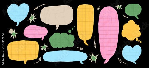 Crumpled paper speech bubbles multicolors. Text boxes math gridded with torn edges. Creative dialogue stickers for chat templates, scrapbook and playful retro revival designs. Vector kids talk boxes.