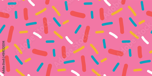 Sweet sprinkles seamless pattern. Donut, candy, cake strawberry topping for a birthday background. Vector playful pink confetti design for party themes, bakery packaging or baby shower projects.
