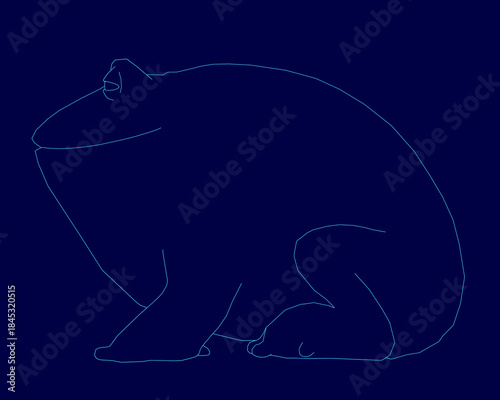 A plump blue bear sits upright on its hind legs, outlined in white against a dark blue background. Its rounded contour resembles a friendly, stylized frog.