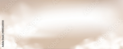 Beige cream smoke cloud studio background. Heaven fog sky template. Brown gradient backdrop with white mist elements. Pastel caramel colors clouds on floor. Vector illustration.