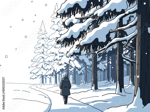 Serene winter scene with person walking in snowy forest