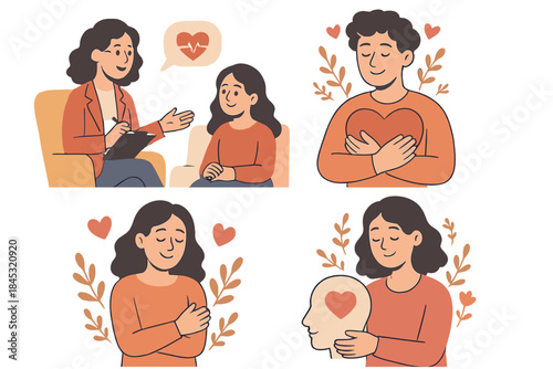 Mental health care and self-love concepts featuring therapy session and self-acceptance