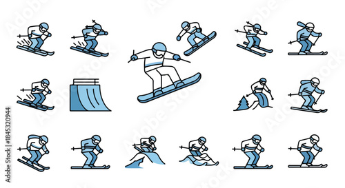 Collection of 14 blue line art illustrations of skiers in various dynamic poses on a white background with a focus on skiing and snow sports.