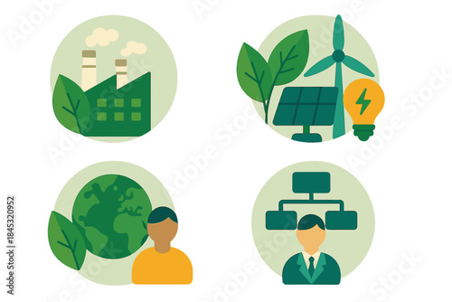 Environmental Social Governance symbols for industry, renewable energy, global environment, and corporate structure