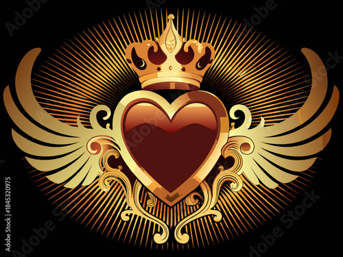 A golden heart crest with wings and a crown richly detailed design