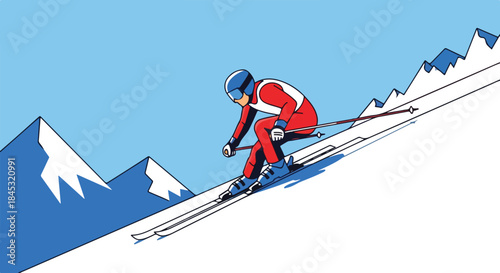Downhill Alpine Skier in Red Suit on Slope with Mountains Illustration