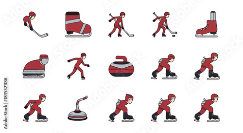 Minimalist Flat 2D Vector Icon Collection of Ice-Based Winter Sports and Competition Events, Including Hockey, Figure Skating, and Curling, Optimized for Web and Mobile UI/UX Design.

