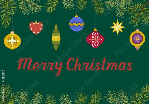 Merry Christmas Green Postcard with Fir Branches and Ornaments clipart. Flat vector illustration