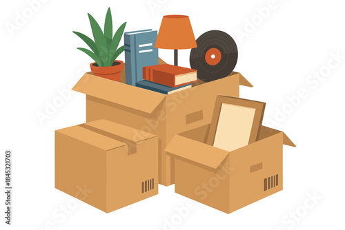 Open cardboard boxes packed with household items for relocation including books and personal belongings