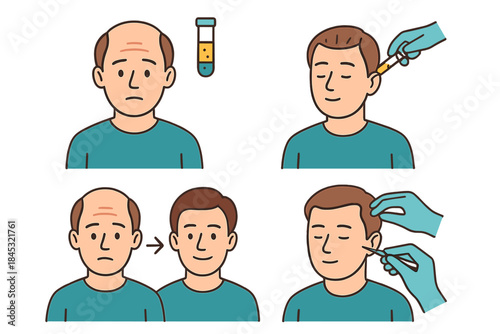 Stages of male pattern baldness treatment showing injection therapy and hair regrowth results
