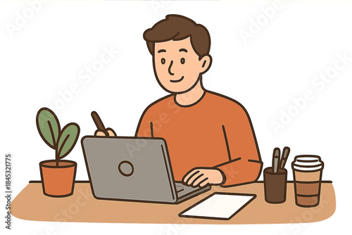 Smiling young professional working on a computer at a desk with coffee and a plant