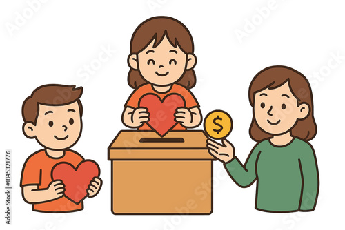 Smiling family group making charitable donations of hearts and money into a donation box