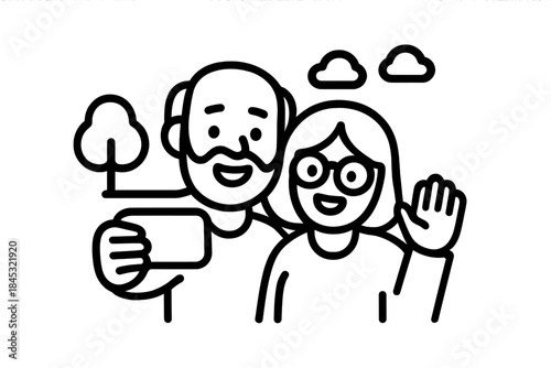 Senior couple taking a selfie outdoors smiling and waving at the camera