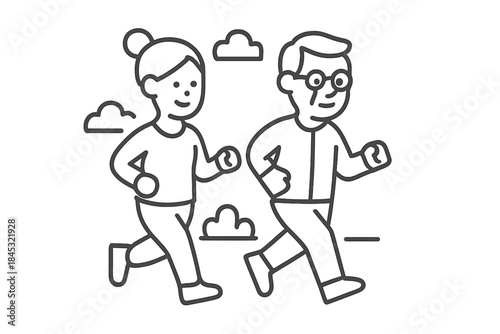Active senior woman and elderly man jogging together outdoors for fitness