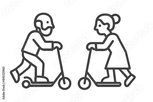 Active senior couple riding kick scooters together enjoying outdoor recreation and mobility