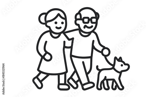 Senior couple walking their small dog together enjoying companionship and activity