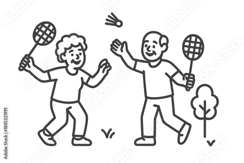 Active senior man and younger adult playing badminton outdoors for recreation and exercise