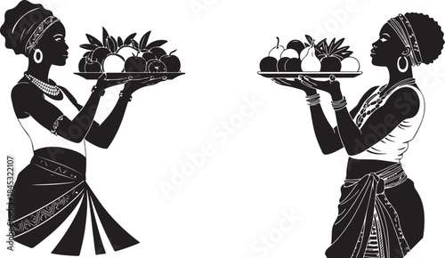 Silhouettes of African women holding fruit platters