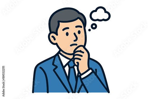 Thoughtful businessman in blue suit with hand on chin and a blank thought bubble
