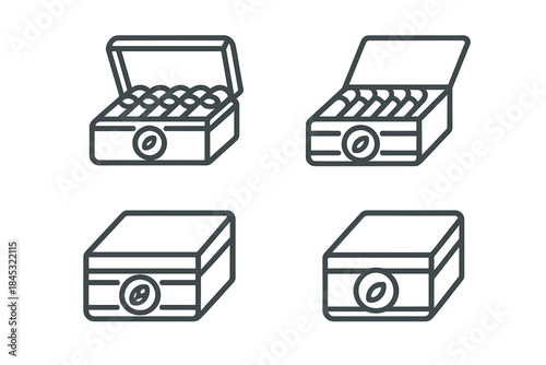 Luxury wooden cigar boxes icons set, two open showing rolled tobacco, two closed containers