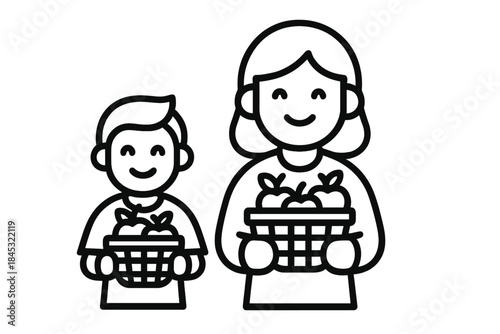 Mother and son holding baskets of freshly picked apples after harvesting fruit