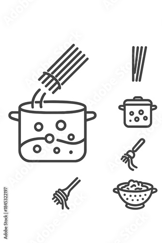 Spaghetti cooking process steps with boiling pot and draining colander