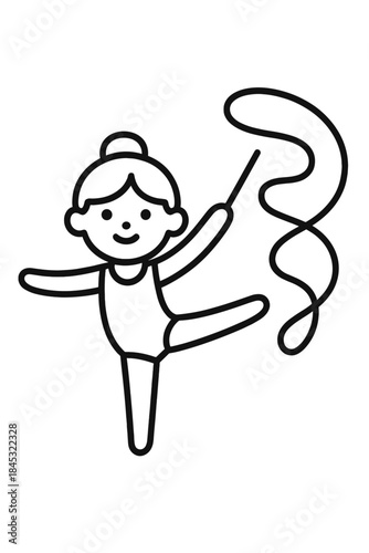 Minimalist line art depicting a rhythmic gymnast performing a graceful routine with a flowing ribbon