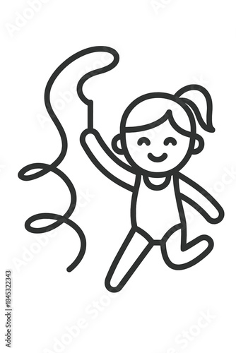 Cheerful young girl performing a dynamic rhythmic gymnastics routine with a flowing ribbon during a sports competition