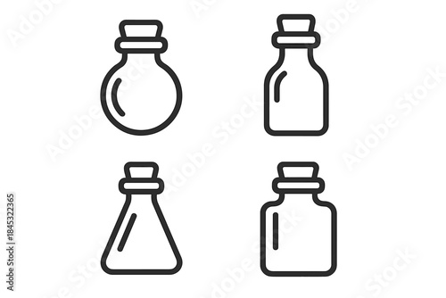 Minimalist line art collection of various apothecary bottles and laboratory flasks with cork stoppers
