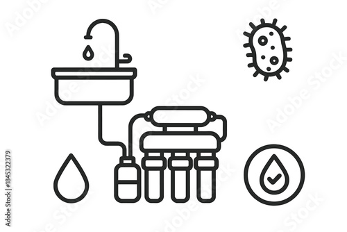 Water purification system setup connected to a sink faucet with symbols for filtered water and harmful bacteria