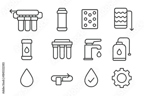 Outline symbols for water filtration, purification, faucet, and clean technology