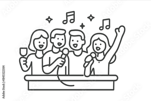 Cheerful group of friends singing together into microphones during a fun musical event