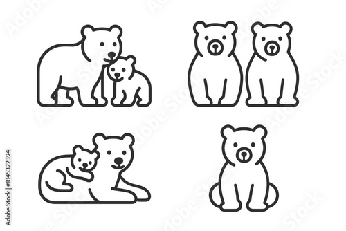 Minimalist black outline set of bears adult animals mother and small cubs