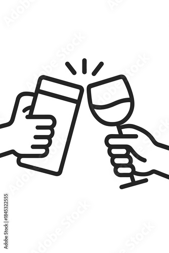 Outline graphic of hands clinking beer mug and wine glass for celebration