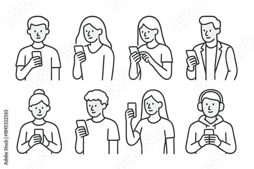 Collection of outline portraits showing diverse men and women using mobile devices