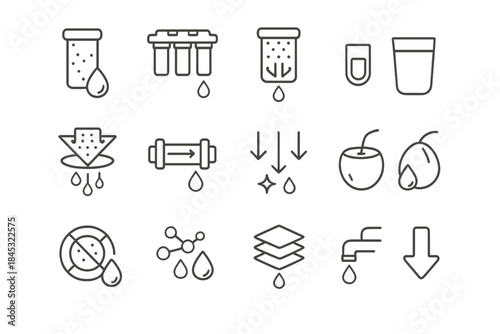 Water purification and filtration process showing filter cartridges, clean drops, molecular structure, and layering