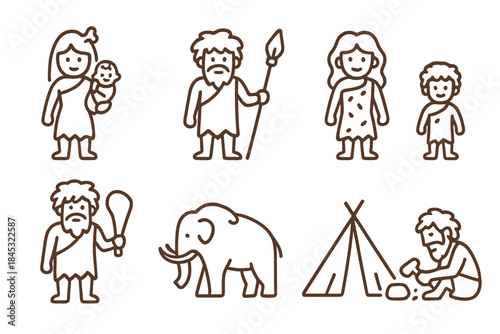 Prehistoric cave people and ancient animals depicting Stone Age life and survival activities