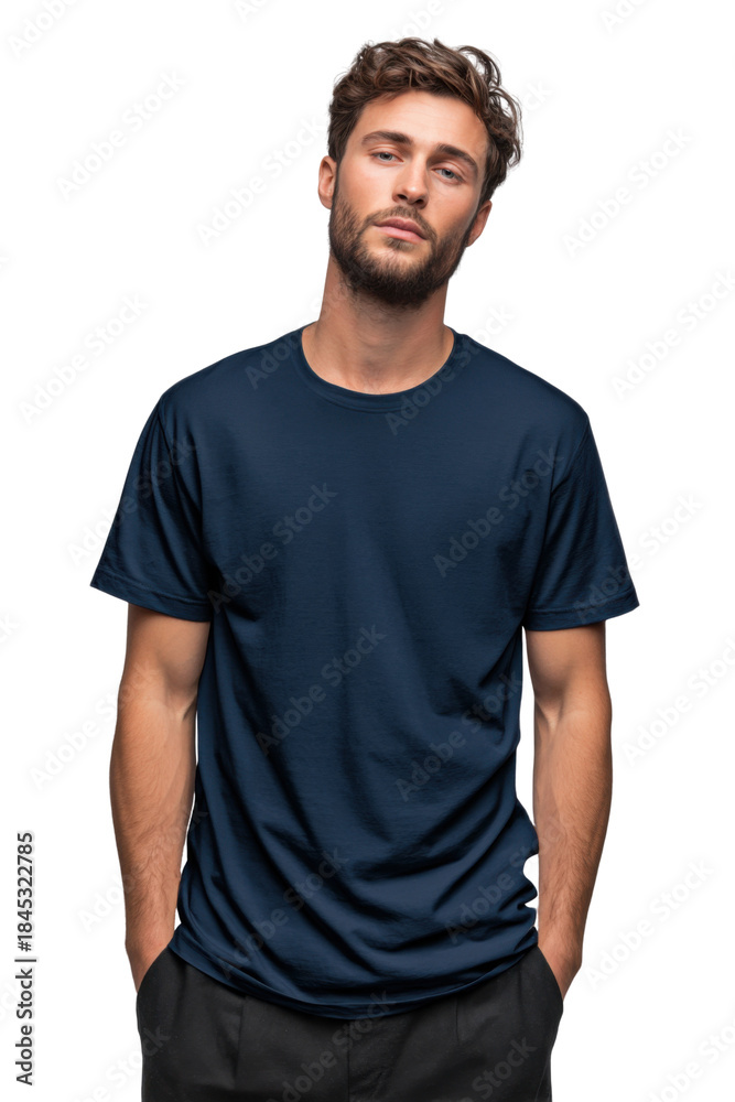 Obraz premium Casual Confidence: A relaxed portrait of a handsome man, exuding an air of understated charm in a simple, solid-colored t-shirt.