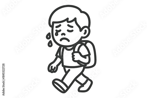 Distressed young school child walking slowly and shedding tears with a heavy school bag