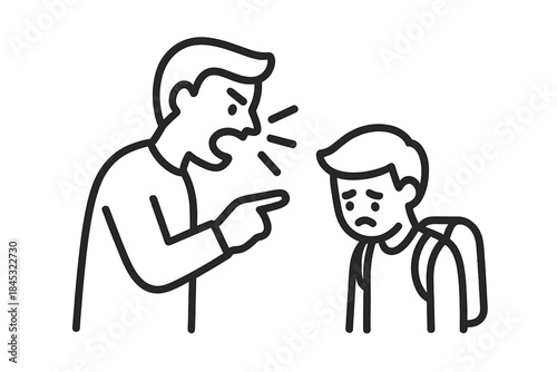 Adult man yelling and pointing finger aggressively at sad school-aged boy