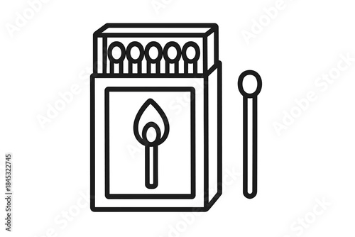 Open matchbox filled with matches and a single matchstick standing beside the box