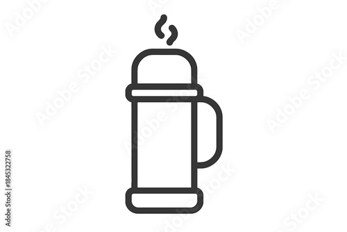 Portable insulated travel mug or thermos flask showing hot steaming beverage