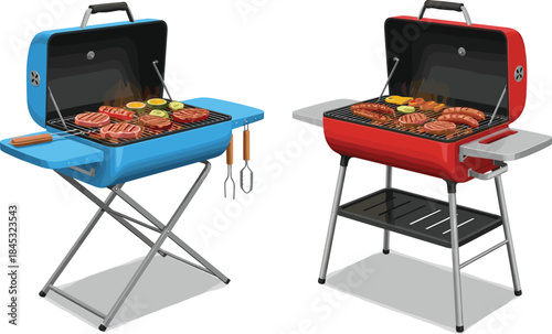Cartoon-style outdoor barbecue grills with food, flames, and cooking tools for summer party, picnic, and culinary design use
