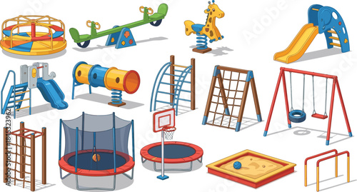 Cartoon-style playground equipment collection with colorful designs, ideal for children’s activity illustrations, educational materials, and park-themed projects.