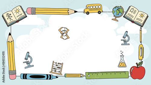 Vibrant back to school border illustration featuring various educational tools and supplies, ideal for academic projects, learning materials, and student-focused designs